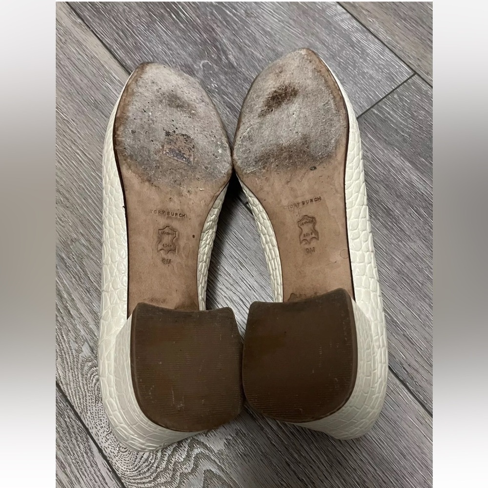 $348 Tory Burch Georgia Ivory Croc Embossed Square Toe 25mm Block Heel Pumps 9M - Picture 14 of 15